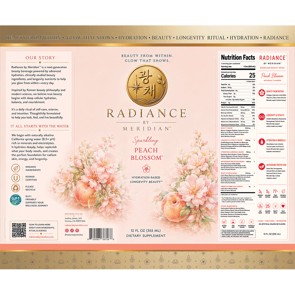 Radiance By Meridian Sparkling White Peach Blossom nutrition facts and product label